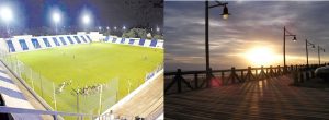 Imagen de aplicación en estadio de fútbol en Córdoba e iluminación en zona costera.