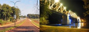 Imagen de aplicación de alumbrado publico en calle en Misiones e iluminación ornamental en puente ferroviario.